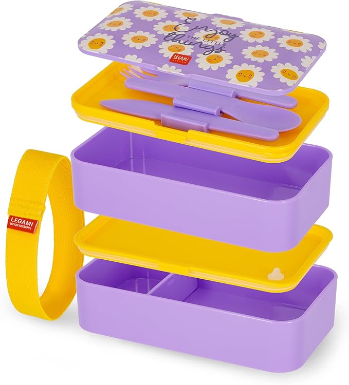 Porta Pranzo, Lunch Box con 3 Posate Incluse, Margherite, Capacità 1200 ml, adatto a Microonde e Lavastoviglie Legami