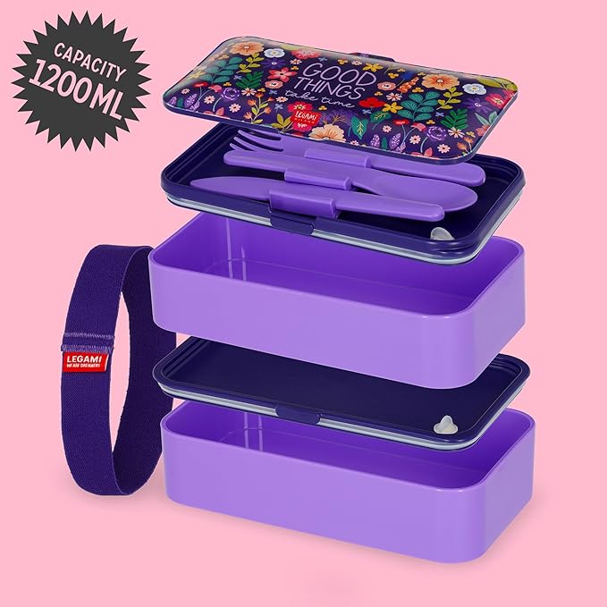 Porta Pranzo, Lunch Box con 3 Posate Incluse Flowers, Capacità 1200 ml, adatto a Microonde e Lavastoviglie Legami